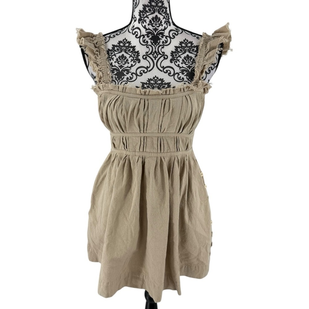 Miou Muse Beige Ruffle Strap Peasant Cottagecore Button Detail Tunic W/ Pockets